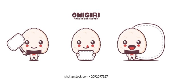 vector onigiri mascot cartoon, japanese traditional food illustration, with blank board banner, isolated on a white background.