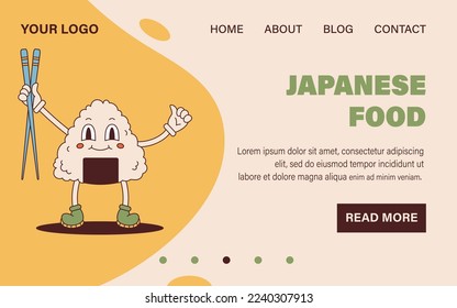 Vector onigiri mascot in retro style. Groovy landing page web template. Website design. onigiri character holding chopsticks 70s.