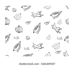 vector onion and chili vector illustration pattern. Hand drawing sketch - Vector