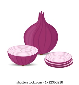 Colección de cebolla vectorial - conjunto de trozos cortados y verduras púrpuras enteras. Nutrición orgánica fresca. Dibujo de estilo plano.