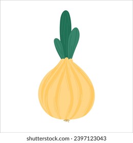 Ilustración plana de cebolla vectorial sobre fondo aislado. Color amarillo jugoso, verde. Para impresiones, logotipos, decoración de comida.