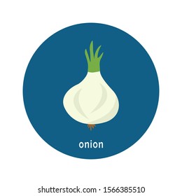Vector onion icon isolated on white background.  Flat blue circle icon with vegetable. Healthy food. 