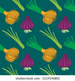 Vector onion pattern seamless. Green shallot illustration. Vegan restaurant ornament, vegetarian backdrop. Homemade cooking background. Vegetable wallpaper of food label or banner. Bulb onion drawings