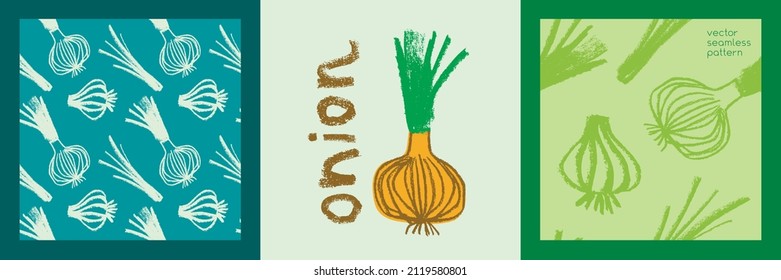 Vector onion pattern seamless. Green shallot illustration. Vegan restaurant ornament, vegetarian backdrop. Homemade cooking background. Vegetable wallpaper of food label or banner. Bulb onion drawings