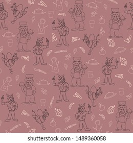 Vector onion pink anthropomorphic cartoon characters in action seamless pattern background