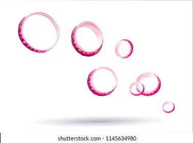 Vector onion rings.
Red onions, slices of onions.A scattering of ringlets onions on a white background.Isolated vector illustration.