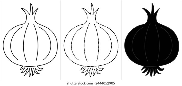 Vector onion vegetable. Whole red onion and slice isolated on a white background. Color illustration and black and white outline. Food image in cartoon simple flat style.
Onion Black and white image. 
