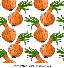 Vector onions seamless pattern on a white background. Spice. Whole vegetable. 