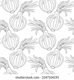 Vector onions seamless pattern on a white background. Spice. Whole vegetable. 