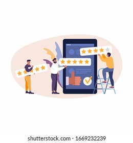 Vector Online App Review. People Are Giving 5 Stars, Feedback And Rating. Thumb Up, Stars Line, Like Icons. Flat Vector Illustration For Web, Mobile App, UI, UX, Site.