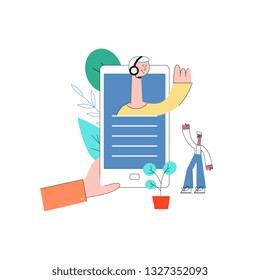 Vector online assistant concept hand holding smartphone with man in headset waving hand from screen to male customer with beard as positive communication symbol. Cusomer cupport helpline illustration