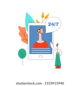Vector online assistant concept with smartphone with woman in headset with 24/7 sings at screen, male customer with beard as positive communication symbol Cusomer cupport helpline illustration