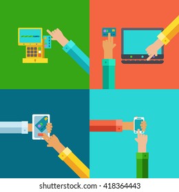 Vector online banking concepts set - pay and receive money using mobile devices.