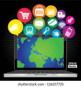 Vector : Online Business and E-Commerce Concept Present By Computer Laptop With World Map in Screen and Group of Colorful E-Commerce Icon Above in Dark Background