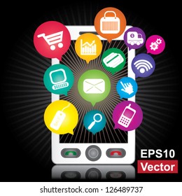 Vector : Online Business and E-Commerce Concept Present By White Smart Phone With Blank Screen For Your Own Text Message and Group of Colorful E-Commerce Icon Above in Dark Background