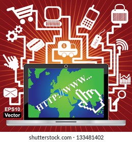 Vector : Online Business and E-Commerce Concept Present By Computer Laptop or Computer Notebook With World Map on Screen and Group of E-Commerce Icon in Red Shiny Background