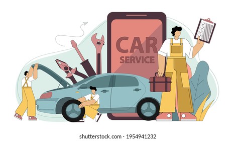 Vector. Online car service. Application for car service and repair. Full time service. Repairmen with tools and a tire. Vector flat illustration on white background