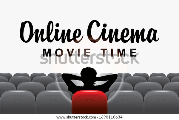 Vector\
online cinema banner with calligraphic inscription and a man in a\
relaxed home pose in front of a large screen in the empty movie\
hall. Movie theater for one spectator at\
home
