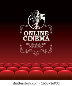 Vector online cinema poster for the biggest film collection. Online cinema concept. Empty movie theater with big screen and red seats. Can be used for advertising banner, flyer, web page, background