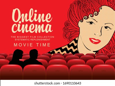 Vector online cinema poster, the biggest film collection. Couple on movie theater with big screen and girls face. Online cinema concept. Movie theatre at home