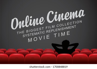 Vector online cinema poster, the biggest film collection. Movie theater at home. A man in a relaxed home pose in a movie theater with a large screen. The concept of online cinema