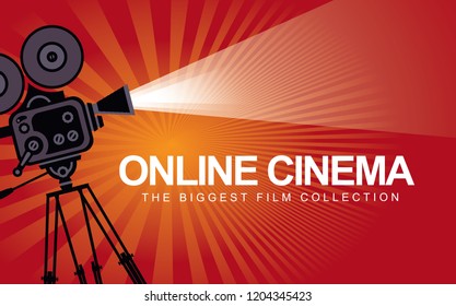 Vector online cinema poster with old fashioned movie projector. Vintage retro movie camera with light and video tape. Online cinema concept. Can be used for flyer, banner, poster, web page, background