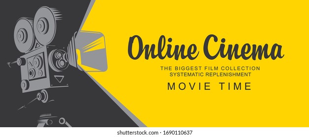 Vector online cinema poster with old fashioned movie projector. Vintage retro movie camera with light. Online cinema concept. Movie time. Suitable for flyer, banner, poster, web page, background