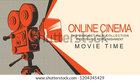 Vector online cinema poster with old fashioned movie projector. Vintage retro movie camera with light. Online cinema concept. Movie time. Can be used for flyer, banner, poster, web page, background