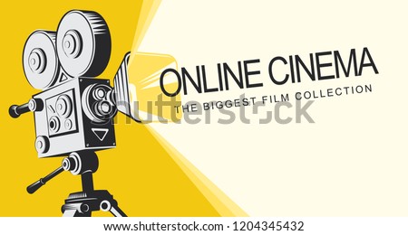 Vector online cinema poster with old fashioned movie projector. Vintage retro movie camera with light and video tape. Online cinema concept. Can be used for flyer, banner, poster, web page, background