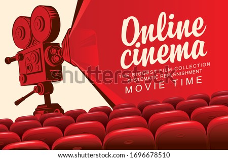 Vector online cinema poster with an old-fashioned movie projector and rows of red seats. Movie theater at home, the biggest film collection. Online cinema concept. Movie time