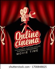 Vektorillustration-Online-Kino-Poster mit roten Vorhängen und einem alten Filmprojektor im Retro-Stil. Konzept des Online-Kinos. Kino zu Hause, die größte Filmsammlung