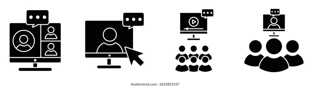 Vector online communication icons. Editable Stroke. Video conference, online chat, email, live webinar, instant messaging, online presentation, screen sharing, e-learning