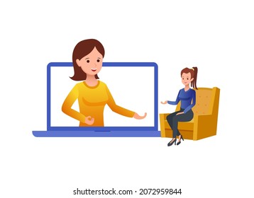 Vector Online Conversation Illustration, 2 Women Talking, Laptop, Online Helping Concept.