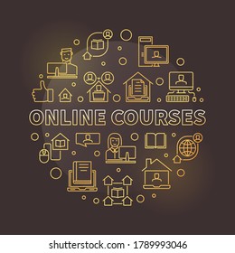 Vector Online Courses concept round golden linear illustration on dark background