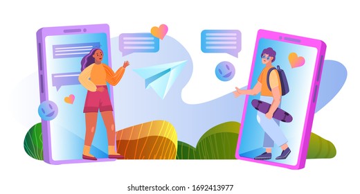 Vector online dating app concept with young boy and girl, smartphones, abstract messages and smiley faces. Female and male characters in cartoon style. Social media banner for landing pages