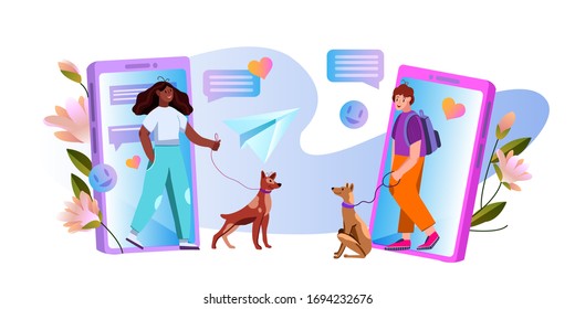 Vector online dating app concept with young boy and girl, dogs, smartphones, abstract messages and smiley faces. Female and male characters with their pets in cartoon style.  