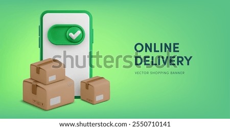 Vector online delivery banner concept. Cartoon 3d smartphone, green ok checkmark, cardboard boxes. Realistic 3d render successful order received concept, online store shipping, mobile shopping app.