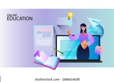 Vector online education banner with female tutor, laptop, book, pencil, chat window, bulb, paper airplane. E-learning concept with young teacher in flat style. Video courses background 