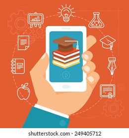 Vector online education concept in flat style - hand holding mobile phone with educational app in the screen - distant e-learning