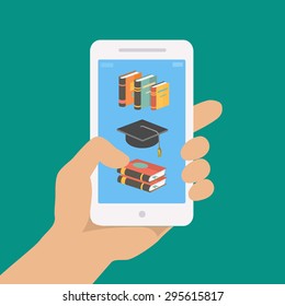 Vector Online Education Concept In Flat Style. Hand Holding Mobile Phone With Educational App On The Screen.   Distant E-learning