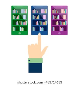 Vector online education concept in flat style. hand holding mobile phone with educational app on the screen.