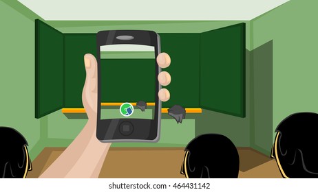 Vector online education concept in flat style. hand holding mobile phone with educational app on the screen. Distant e-learning