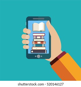 Vector online education concept in flat style. hand holding mobile phone with educational app on the screen. Distant e-learning.