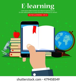 Vector online education concept. Hand holding mobile phone with open book