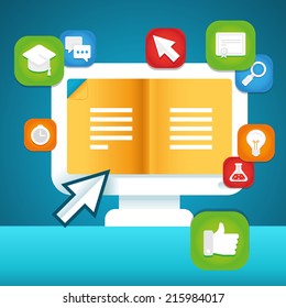 Vector online education concept - learning and teaching using digital technology and devices
