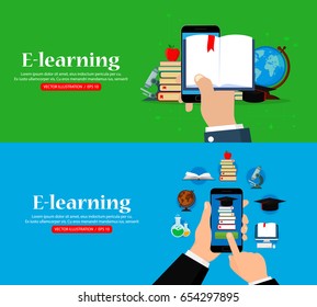 Vector online education concept. Set of horizontal web banner. Hand holding mobile phone with open book. Flat design. EPS 10.