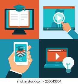 Vector online education concepts in flat style - mobile phone and computers with educational app in the screen - distant e-learning