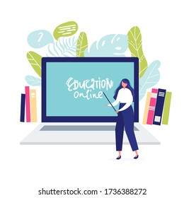 Vector online education illustration of teacher woman looking at school board on notebook background. Online education background. Online education concept. flat