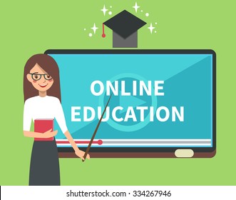 Vector online education illustration of teacher with tablet look like school board. Online education background. Online education concept.