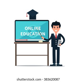 Vector online education illustration of teacher with tablet look like school board. Online education background. Online education concept.
